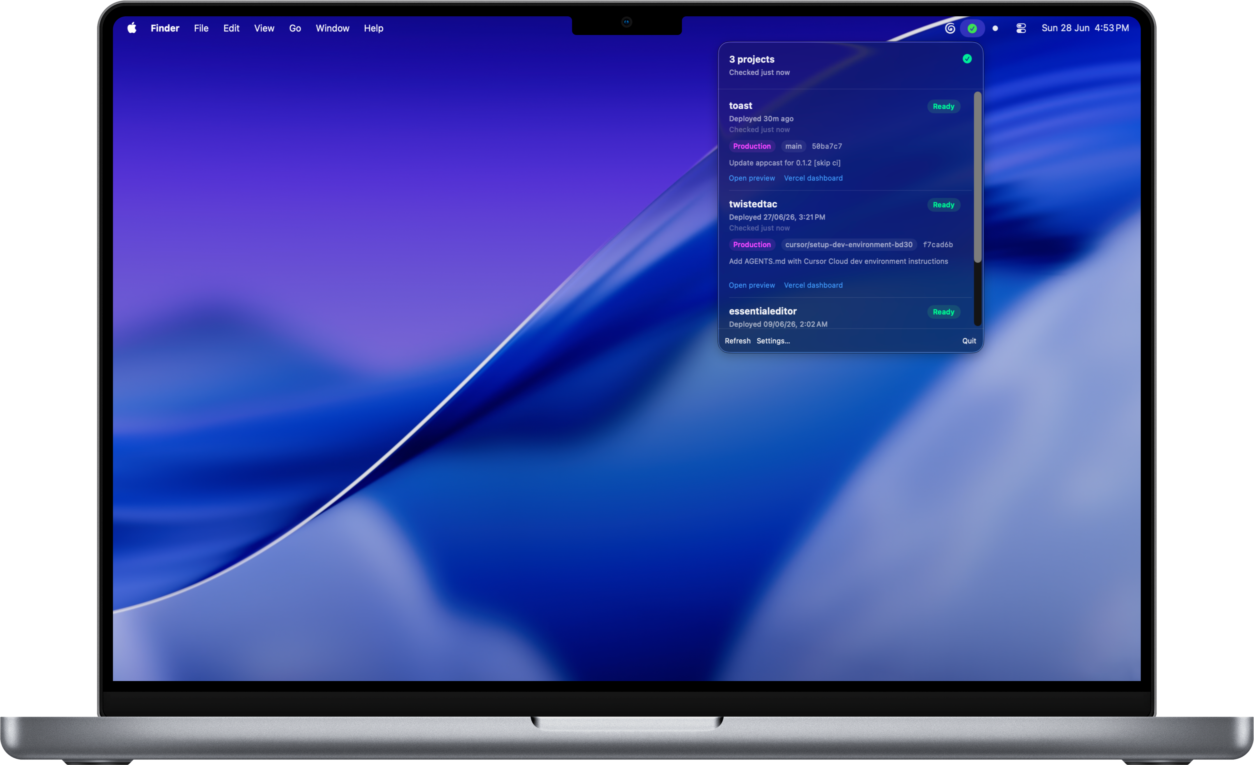 Toast menu bar app showing Vercel deployment status for three projects